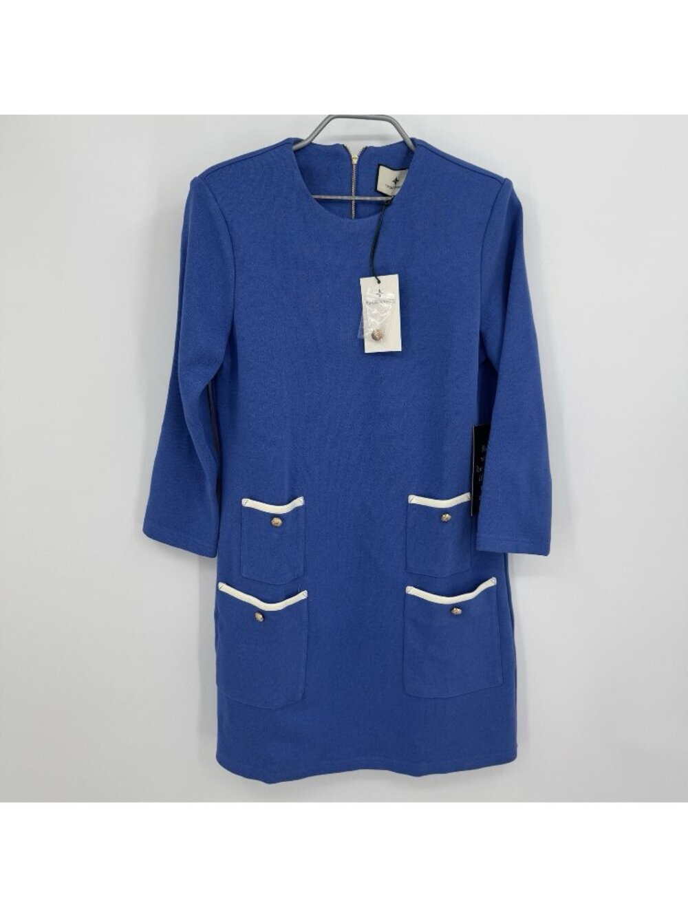 Tuckernuck Baleine Blue Francoise Mod Mini Dress sz S Pockets 3/4 Sleeve Shift